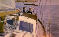 Mei 1956. M. Hitters op zee met de Odyssey. Eerste cortenstalen casco. 